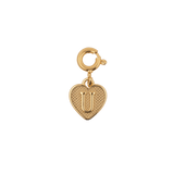 Gold heart charm with a letter 'U' symbolizing love and connections, perfect for personalizing jewelry.