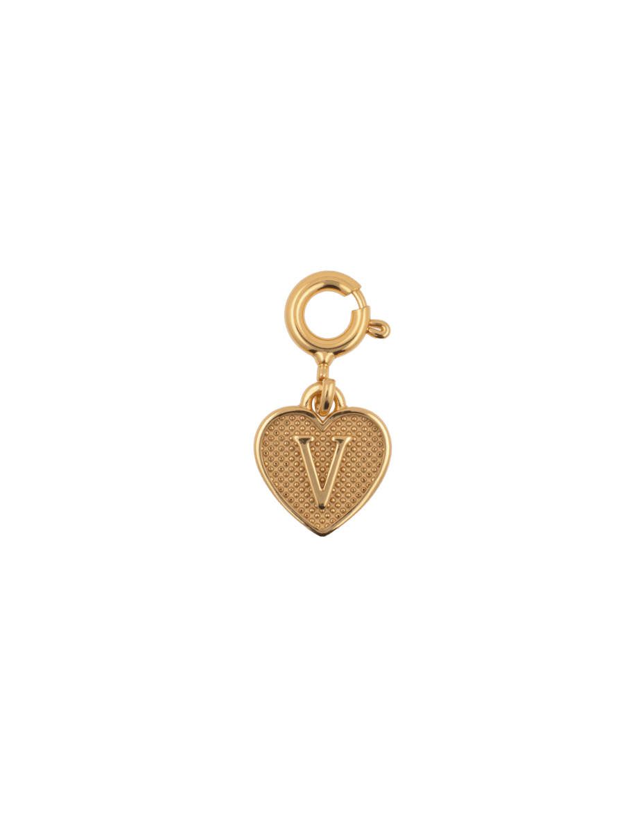 Gold heart charm with a 'V' initial, symbolizing love and personal connection, perfect for adding a personal touch to jewelry.