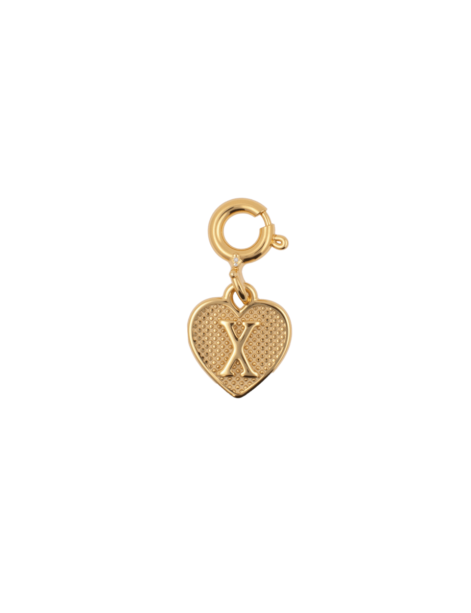 Gold heart charm with engraved letter 'X', perfect for personalizing jewelry and celebrating loved ones.