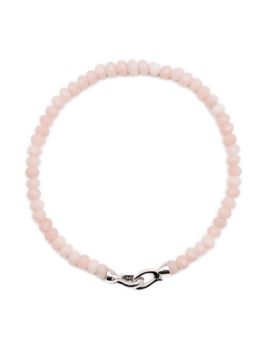 Delicate pink opal bracelet with 3x4mm faceted beads and 925 sterling silver clasp, symbolizing love and emotional healing.