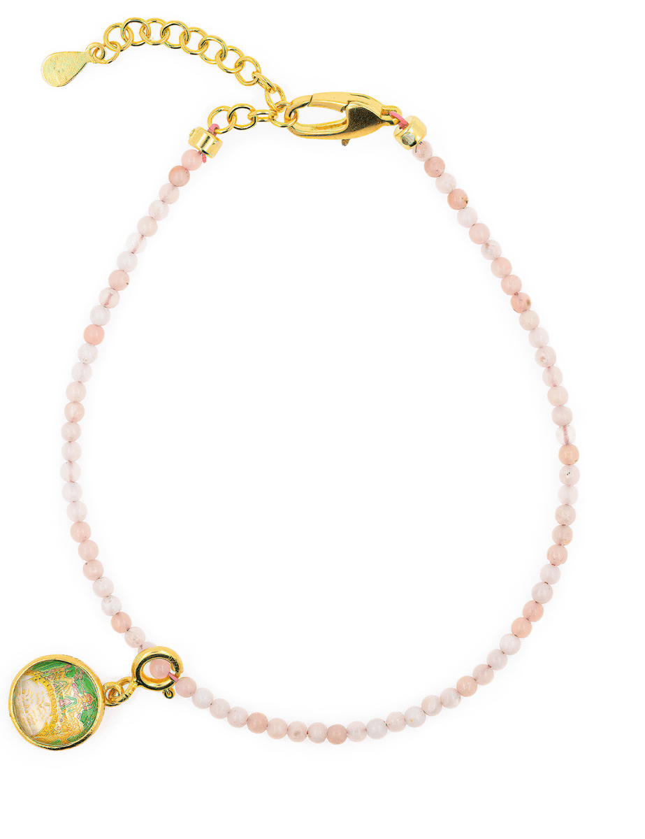 Love Pink Opal bracelet with Ksitigarbha charm, 925 sterling silver clasp, emotional healing, and spiritual growth.