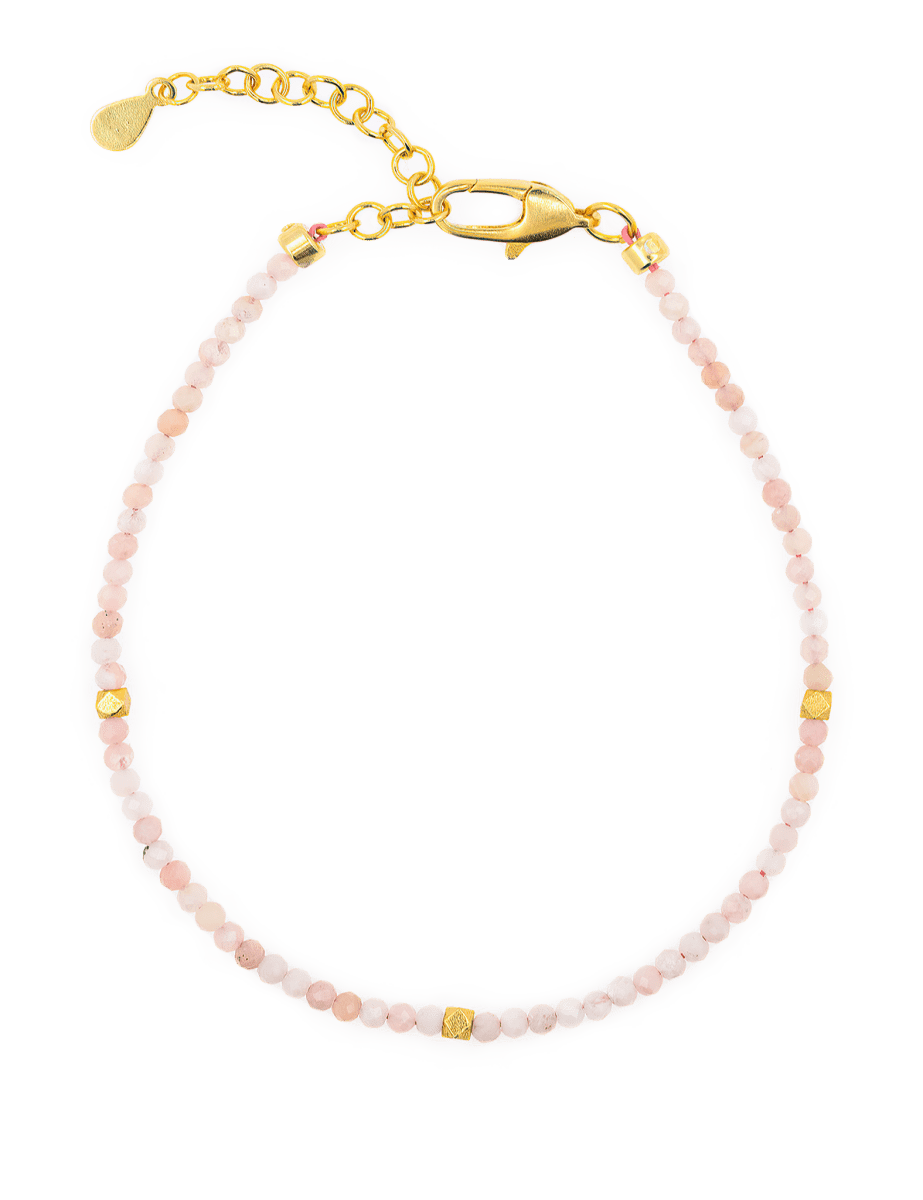 Love Pink Opal faceted bracelet with gold clasp and silver spacer beads for emotional healing and love.