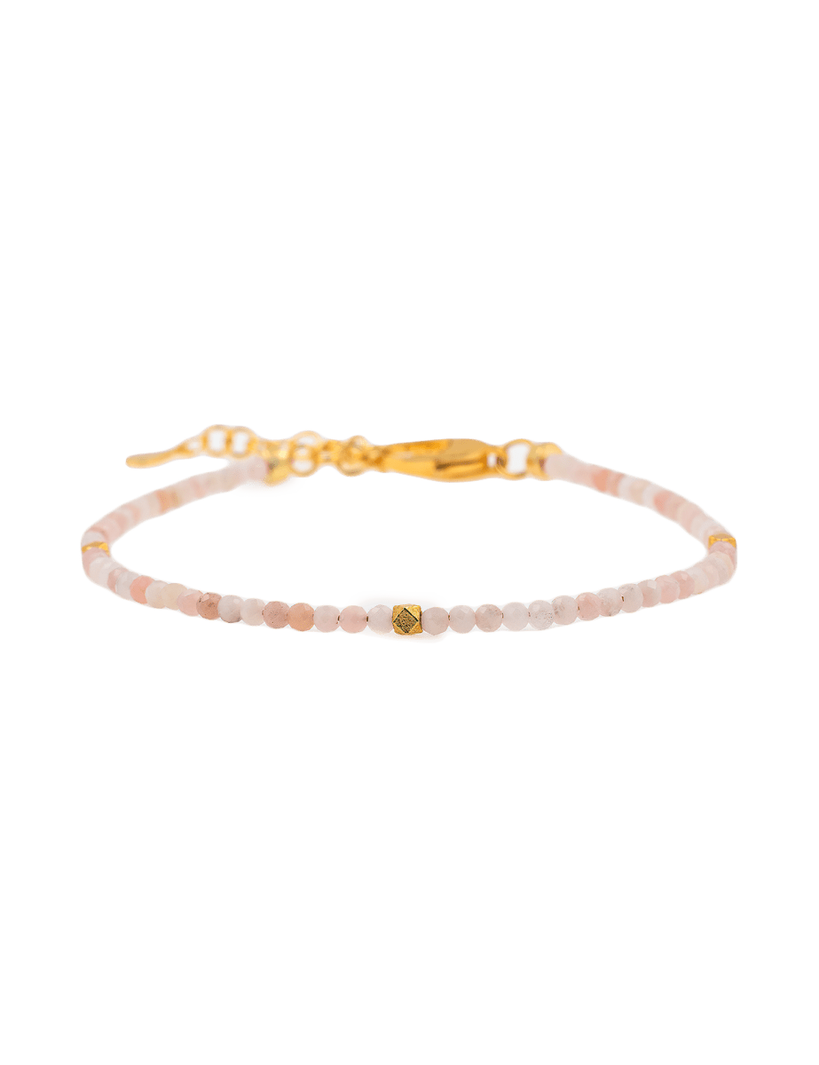 Love Pink Opal faceted dainty bracelet with golden accents and silver spacer bead for emotional healing and style.