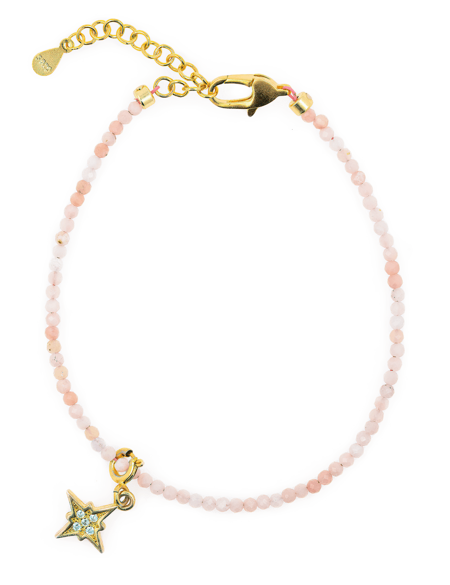 Love Pink Opal dainty bracelet with star charm, promoting self-love and emotional healing, featuring 925 sterling silver clasp.