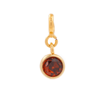 Love Red Zircon Charm pendant featuring a 6mm round garnet-colored zircon in a gold setting, symbolizing ambition and strength.
