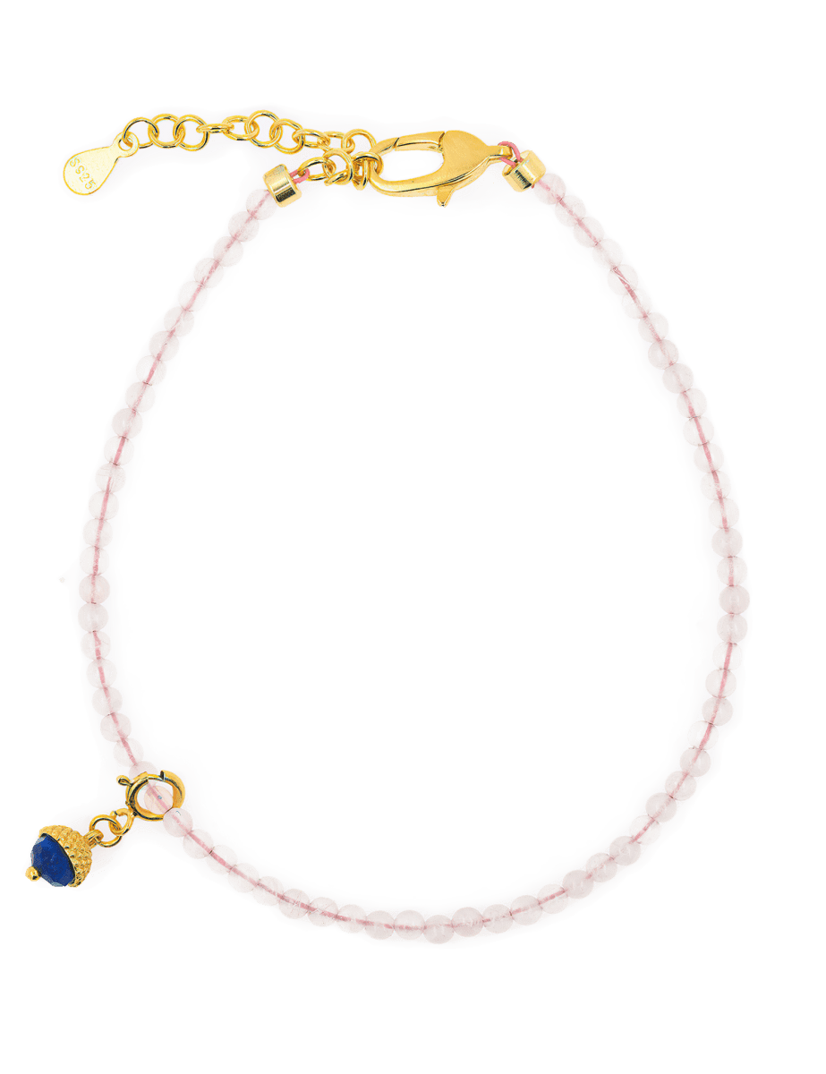 Love Rose Quartz bracelet with Lapis Lazuli charm, featuring a gold clasp, perfect for emotional harmony and wisdom.