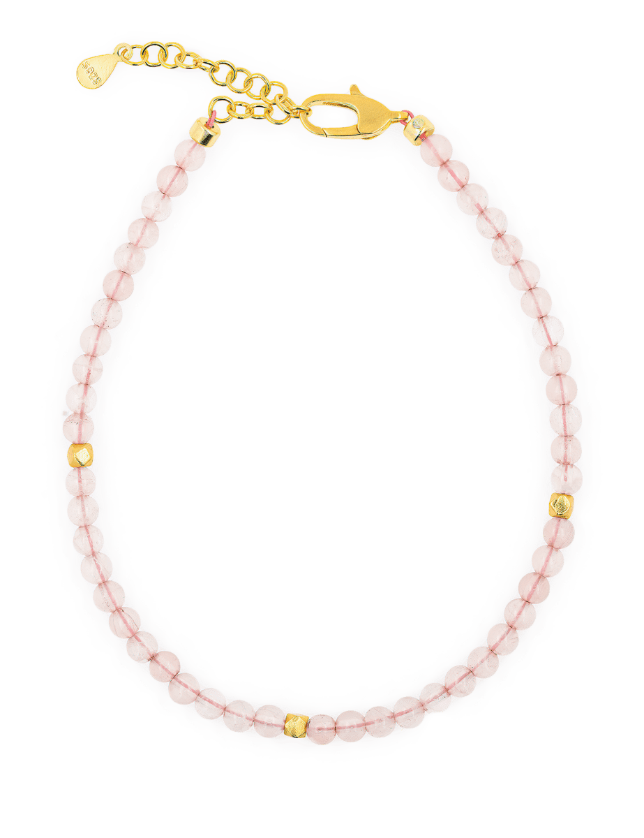 Love Rose Quartz bracelet with gold accents, featuring pink quartz beads and a secure clasp, promoting emotional healing.