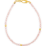 Love Rose Quartz bracelet with gold accents, featuring pink quartz beads and a secure clasp, promoting emotional healing.