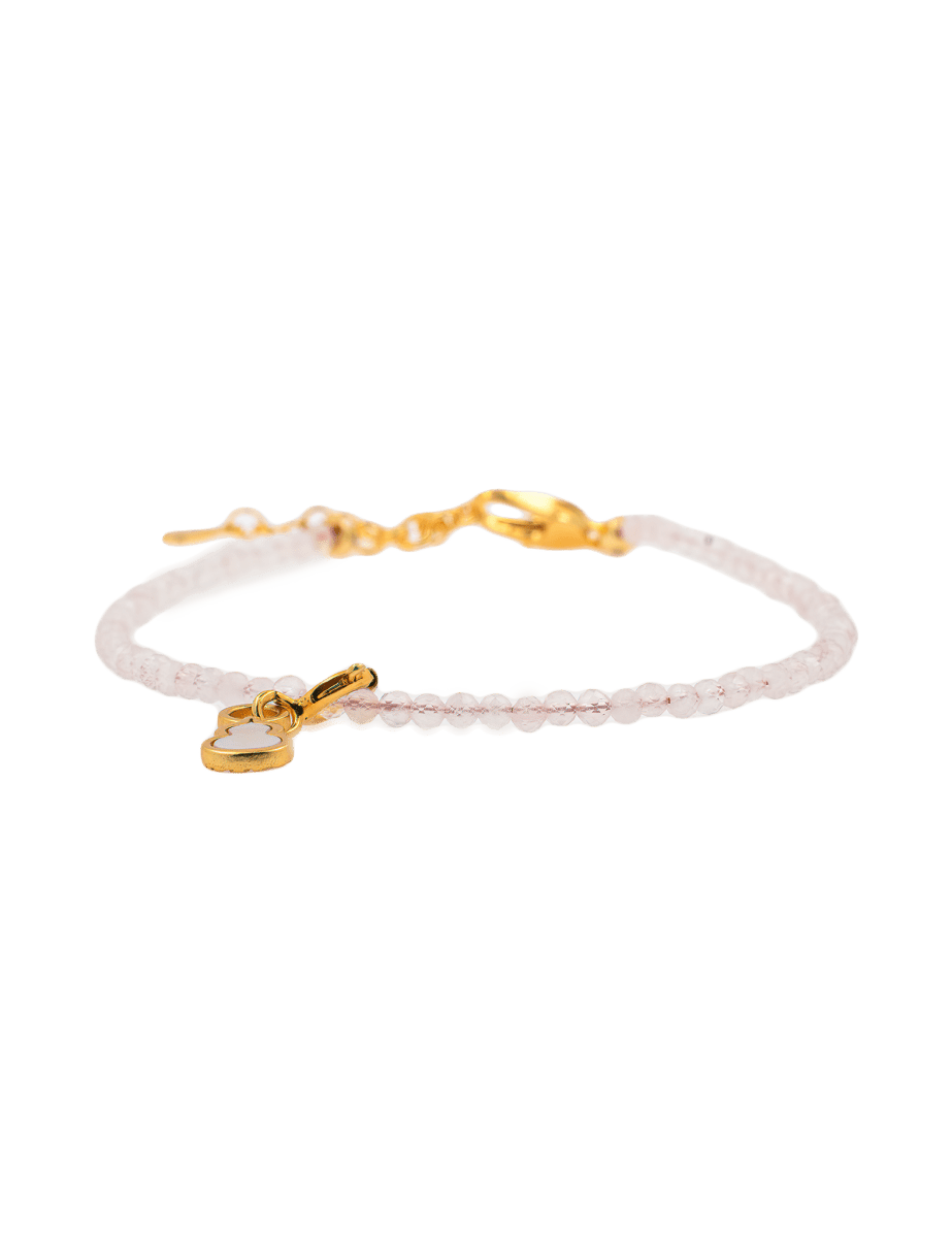 Delicate Rose Quartz bracelet with Hulu charm and 925 sterling silver clasp, promoting love and emotional balance.