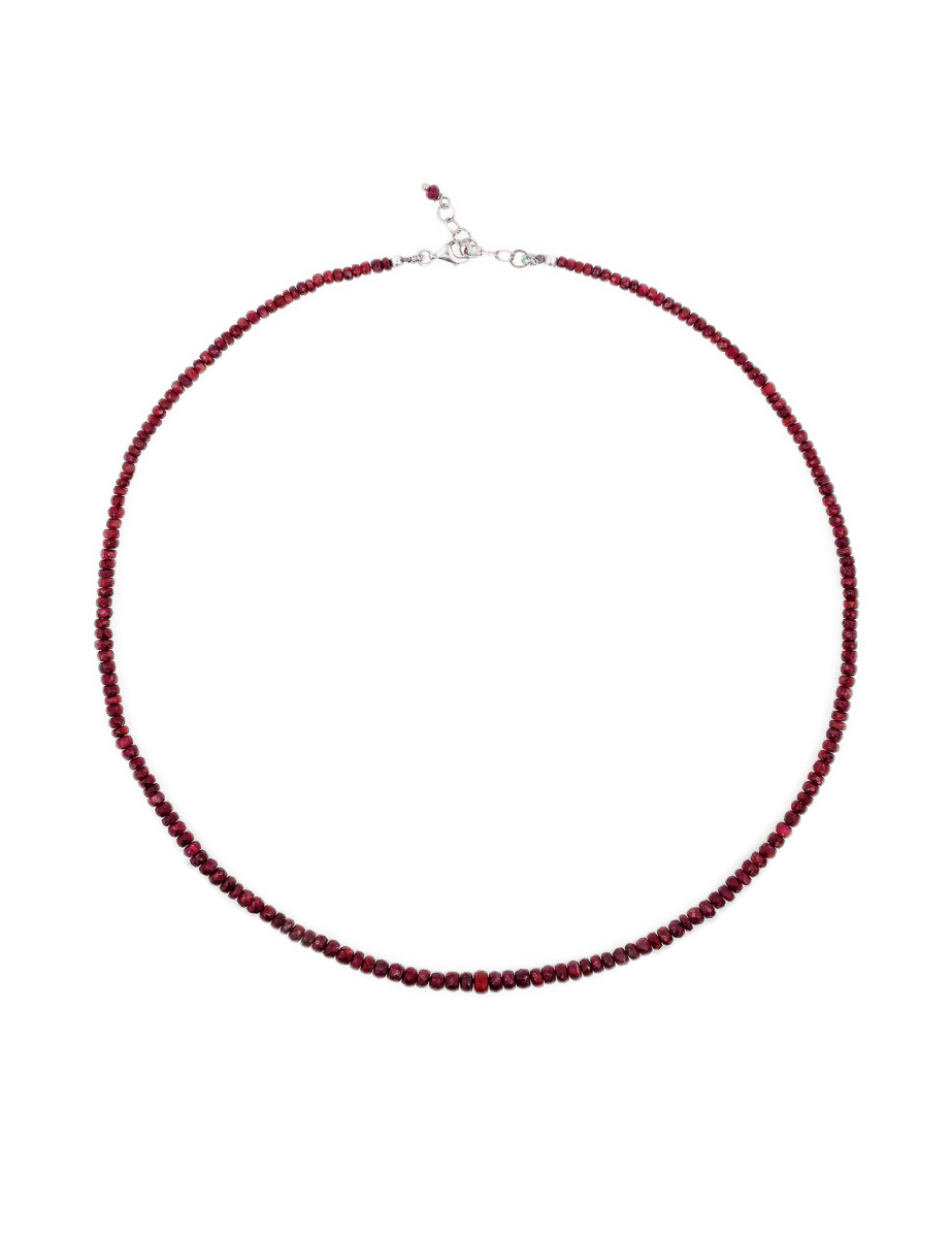 Love Ruby Faceted Dainty Necklace with ruby beads and sterling silver clasp, symbolizing passion and vitality.