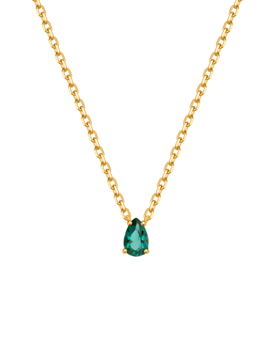May Lab-Grown Emerald Birthstone Necklace in gold-plated S925 sterling silver with pear-cut emerald pendant.