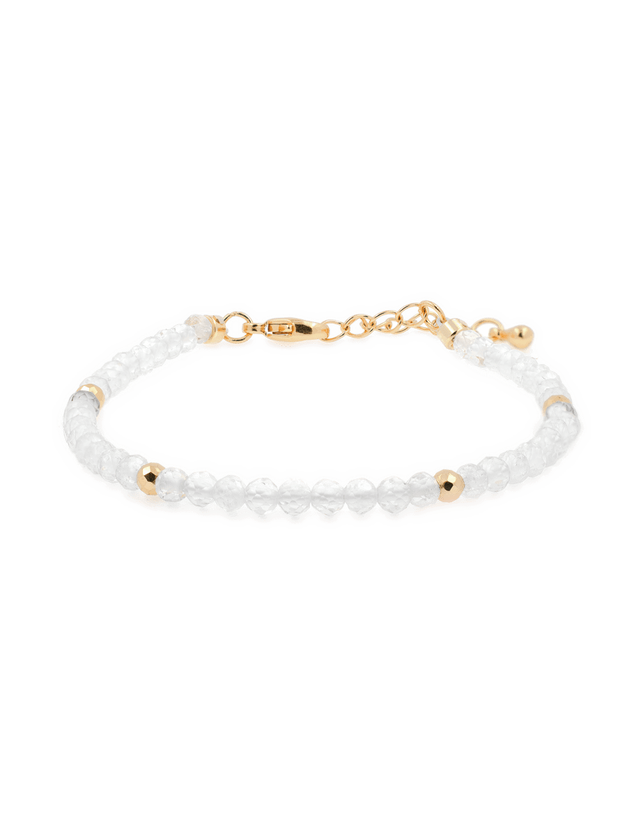 Dainty bracelet featuring clear quartz beads and gold spacer beads, symbolizing clarity and resilience.
