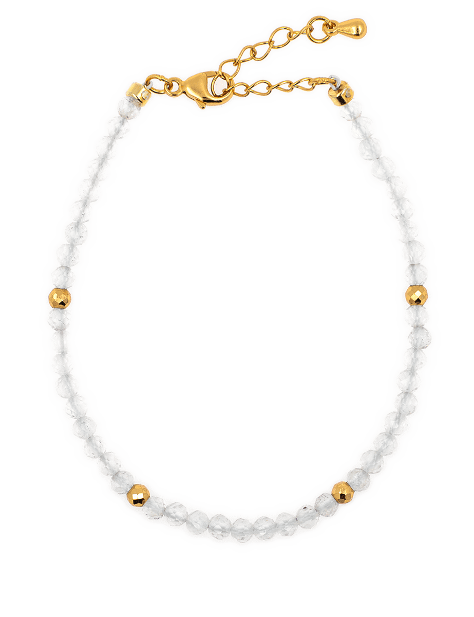 Luminous clarity clear quartz bracelet with gold spacer beads for enhanced focus and mental clarity.
