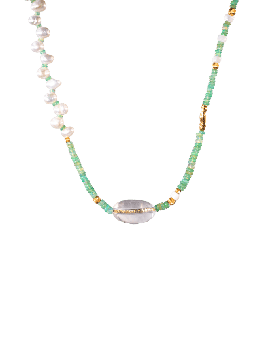 MIRA Green Opal, Pearl & Clear Quartz choker necklace with gold-plated accents and mother of pearl details.