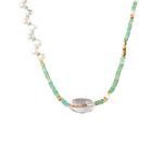 MIRA Green Opal, Pearl & Clear Quartz choker necklace with gold-plated accents and mother of pearl details.