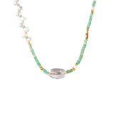 MIRA Green Opal, Pearl & Clear Quartz choker necklace with gold-plated accents and mother of pearl details.