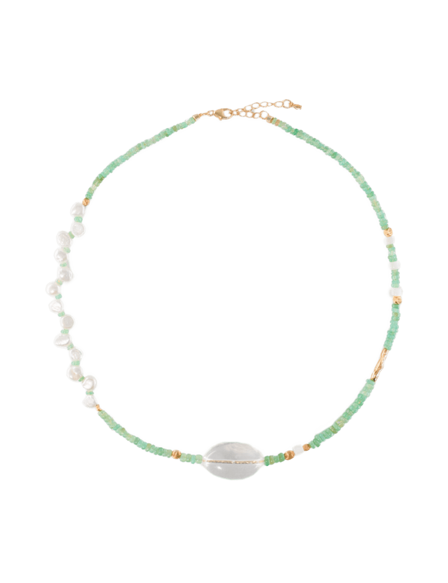 MIRA Green Opal, Pearl & Clear Quartz Choker Necklace with Mother of Pearl, elegant design with gold-plated accents.