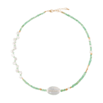 MIRA Green Opal, Pearl & Clear Quartz Choker Necklace with Mother of Pearl, elegant design with gold-plated accents.