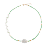 MIRA Green Opal, Pearl & Clear Quartz Choker Necklace with Mother of Pearl, elegant design with gold-plated accents.