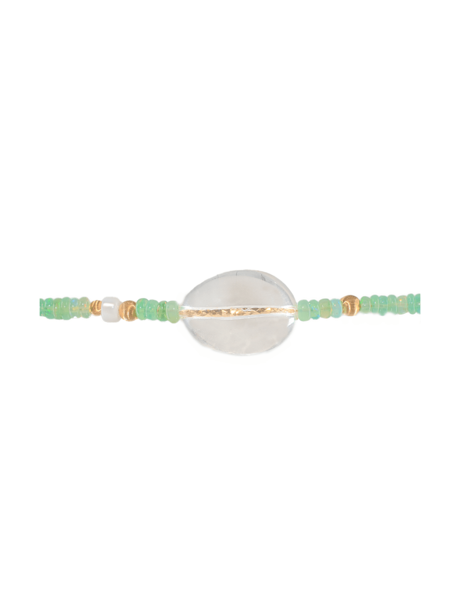 MIRA Green Opal, Pearl & Clear Quartz choker necklace showcasing mother of pearl and gold-plated accents.