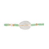 MIRA Green Opal, Pearl & Clear Quartz choker necklace showcasing mother of pearl and gold-plated accents.