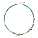 MIRA Green Opal, Shiva Shell & Clear Quartz Choker Necklace with Mother of Pearl accents.