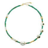 MIRA Green Opal, Shiva Shell & Clear Quartz Choker Necklace with Mother of Pearl accents.