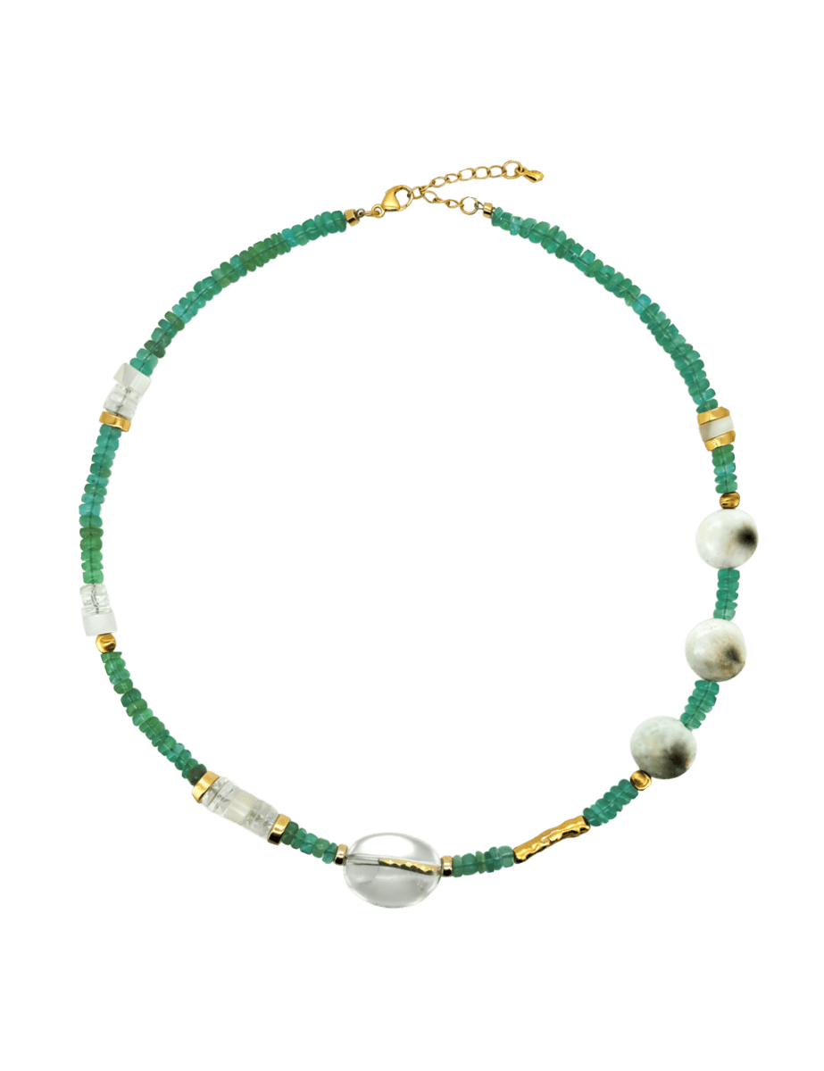 MIRA Green Opal, Shiva Shell & Clear Quartz Choker Necklace with Mother of Pearl accents.