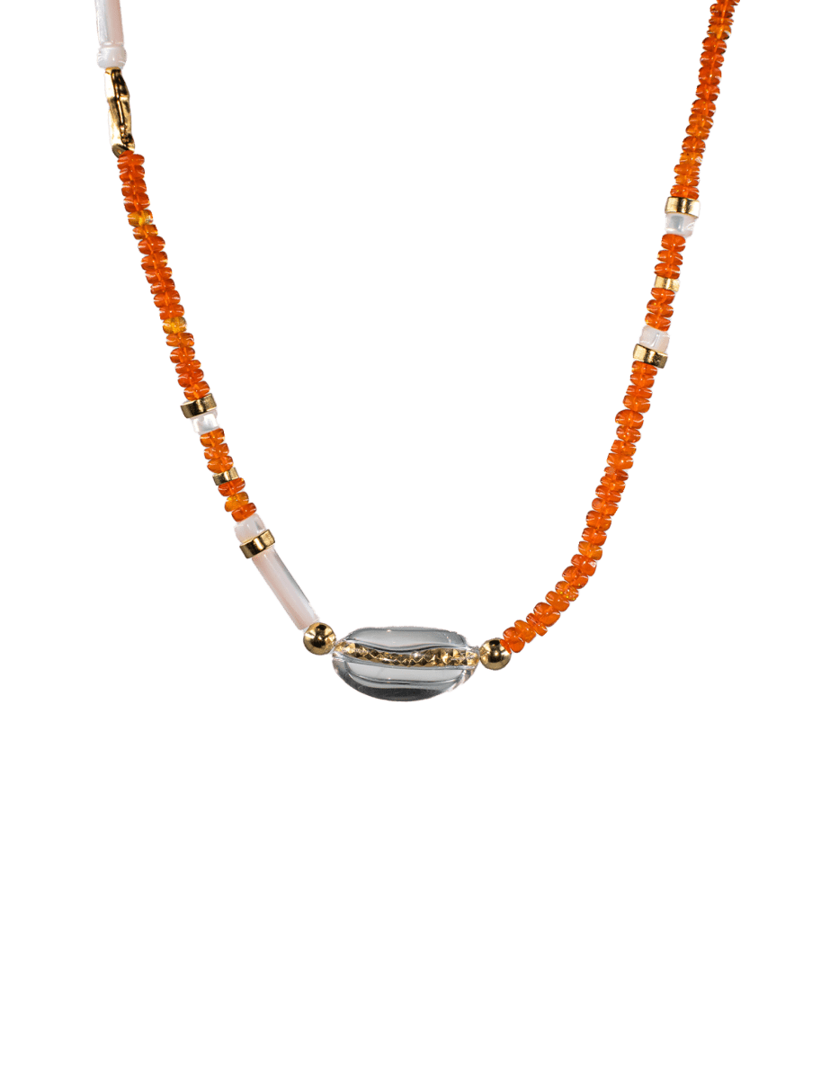 MIRA Orange Opal, Clear Quartz & Mother of Pearl choker necklace with gold-plated accents, showcasing vibrant orange and clear beads.