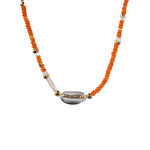 MIRA Orange Opal, Clear Quartz & Mother of Pearl choker necklace with gold-plated accents, showcasing vibrant orange and clear beads.