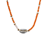 MIRA Orange Opal, Clear Quartz & Mother of Pearl choker necklace with gold-plated accents, showcasing vibrant orange and clear beads.