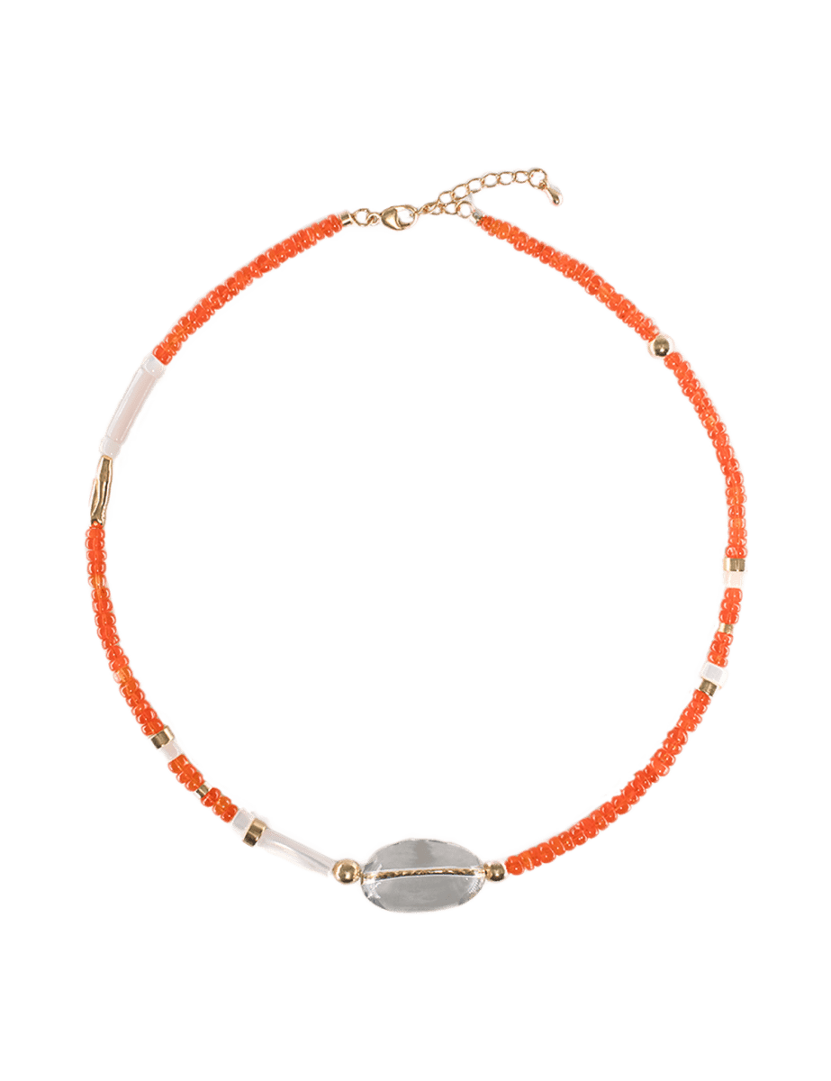 MIRA Orange Opal choker necklace with clear quartz and mother of pearl, featuring gold-plated accents.