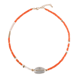 MIRA Orange Opal choker necklace with clear quartz and mother of pearl, featuring gold-plated accents.
