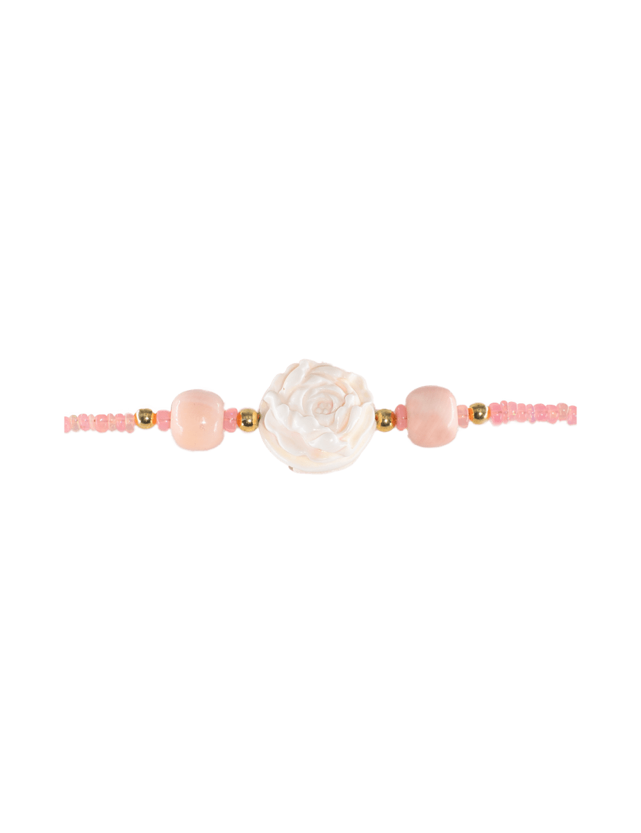MIRA Pink Opal & Clear Quartz choker necklace with gold-plated accents, featuring a floral design centerpiece.