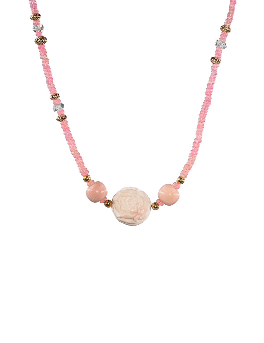MIRA Pink Opal & Clear Quartz Beaded Choker Necklace with floral design and gold-plated accents, perfect for vibrant elegance.