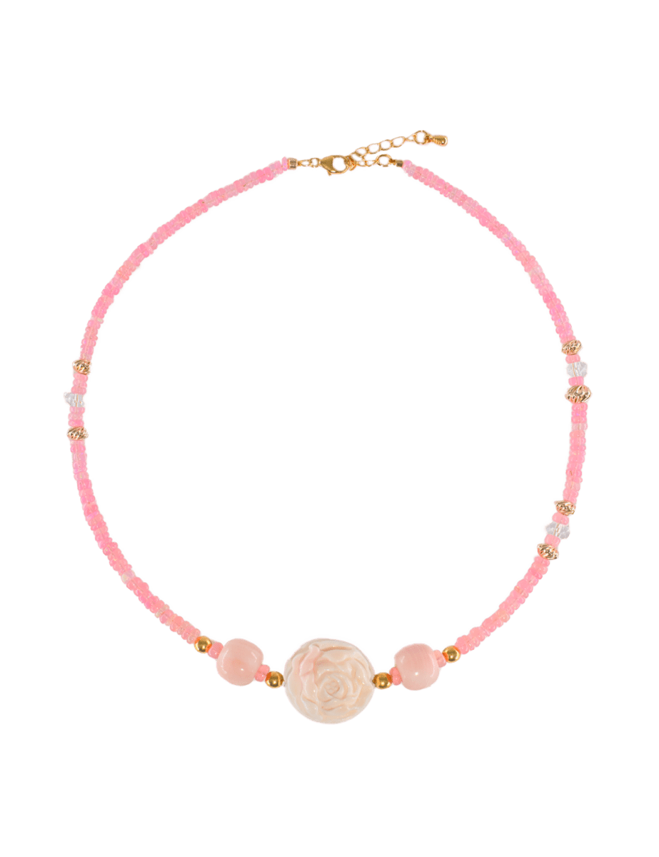 MIRA Pink Opal & Clear Quartz Beaded Choker Necklace with gold accents, showcasing vibrant pink opal and floral rose design.