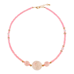 MIRA Pink Opal & Clear Quartz Beaded Choker Necklace with gold accents, showcasing vibrant pink opal and floral rose design.
