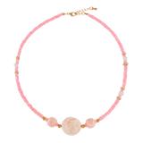 MIRA Pink Opal & Clear Quartz Beaded Choker Necklace with gold accents, showcasing vibrant pink opal and floral rose design.