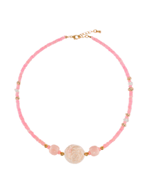 MIRA Pink Opal & Clear Quartz Beaded Choker Necklace with gold accents, showcasing vibrant pink opal and floral rose design.