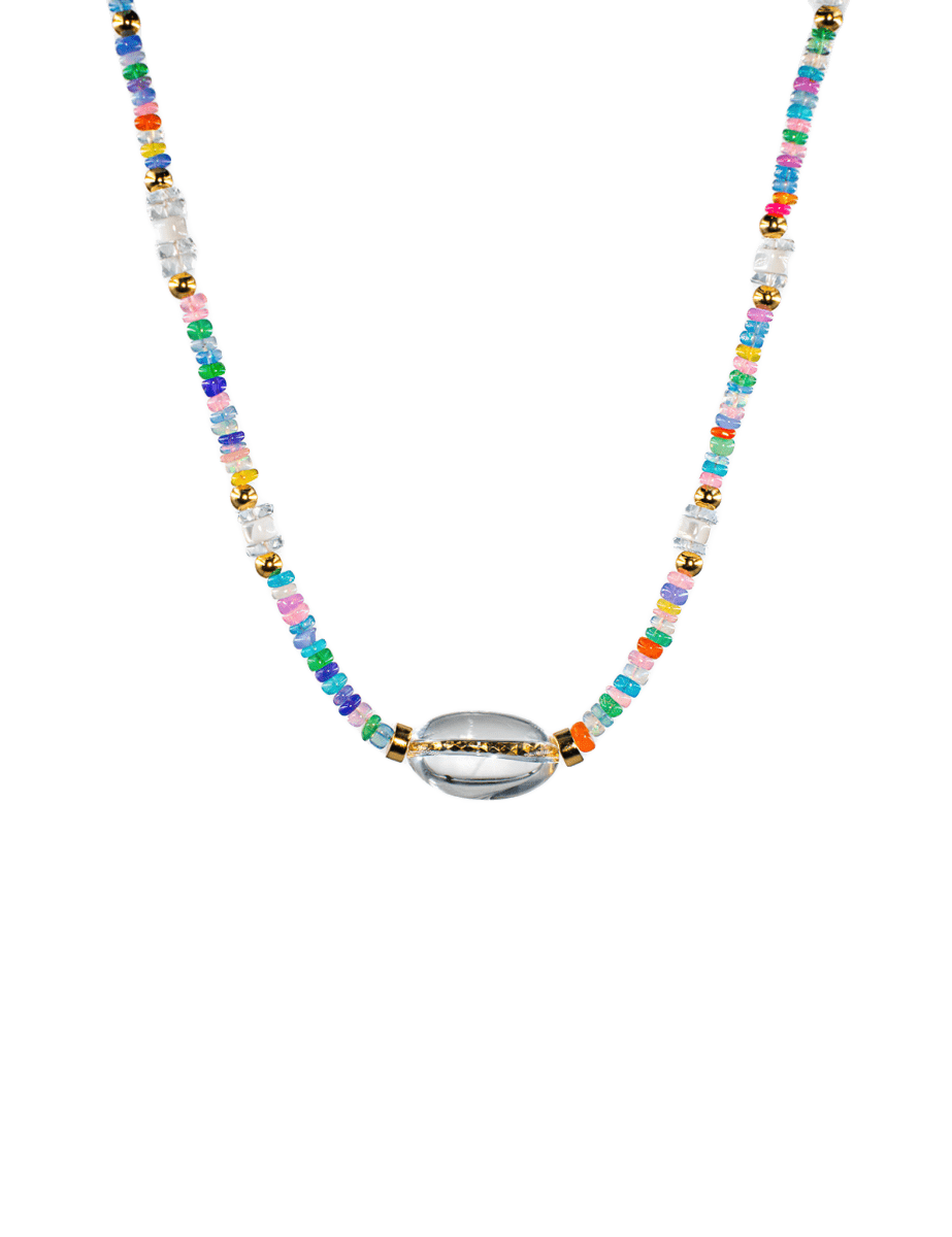 MIRA Rainbow Opal, Blue Topaz, Clear Quartz & Mother of Pearl Beaded Necklace with gold accents.