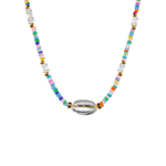 MIRA Rainbow Opal, Blue Topaz, Clear Quartz & Mother of Pearl Beaded Necklace with gold accents.