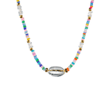 MIRA Rainbow Opal, Blue Topaz, Clear Quartz & Mother of Pearl Beaded Necklace with gold accents.