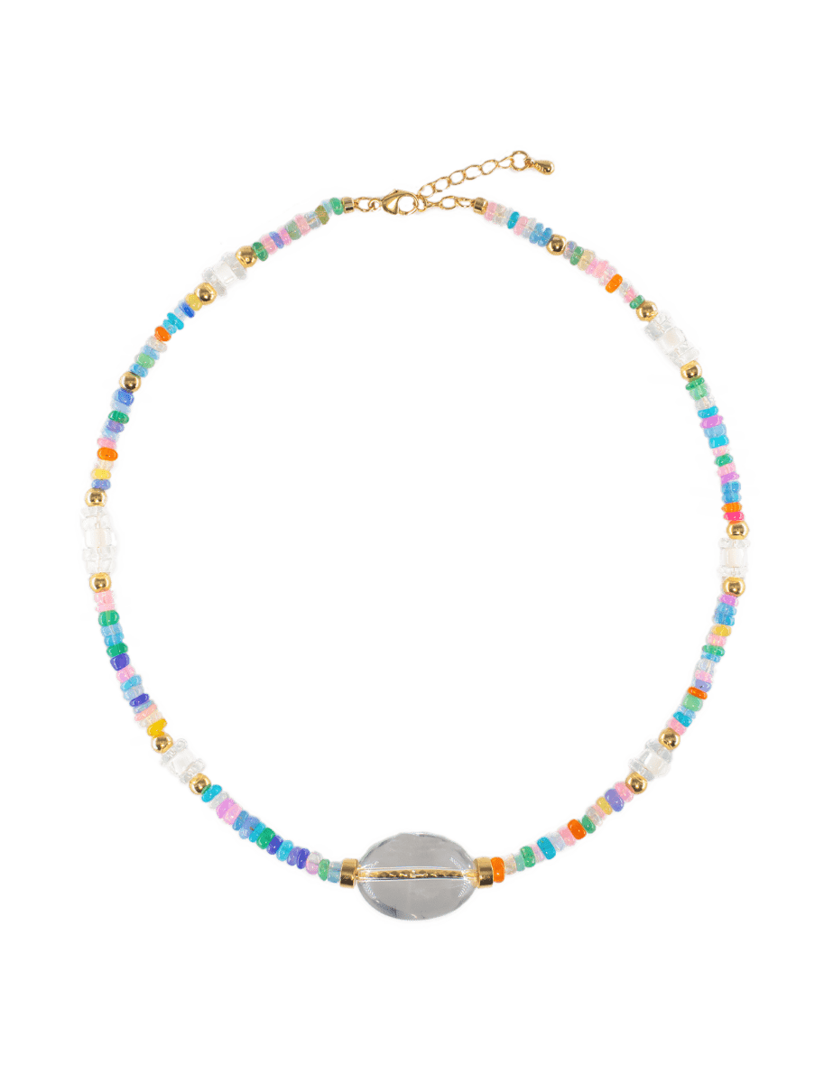 MIRA Rainbow Opal, Blue Topaz, Clear Quartz, and Mother of Pearl beaded necklace with gold accents.