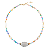 MIRA Rainbow Opal, Blue Topaz, Clear Quartz, and Mother of Pearl beaded necklace with gold accents.
