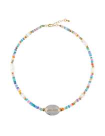 MIRA Rainbow Opal, Blue Topaz, Clear Quartz, and Mother of Pearl beaded necklace with gold accents.