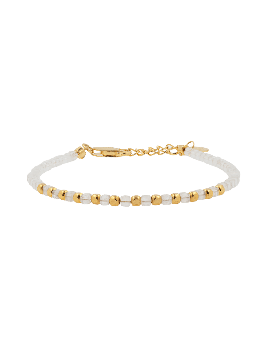Moonstone faceted dainty bracelet with gold-plated S925 beads, perfect for layering or solo wear.
