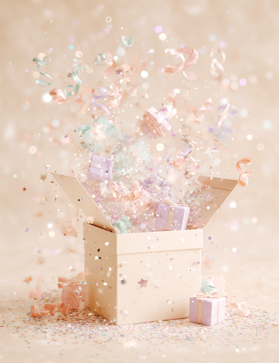 Colorful confetti and ribbons burst from a mystery box filled with pastel gifts, creating a whimsical and celebratory scene.