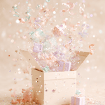 Colorful confetti and ribbons burst from a mystery box filled with pastel gifts, creating a whimsical and celebratory scene.