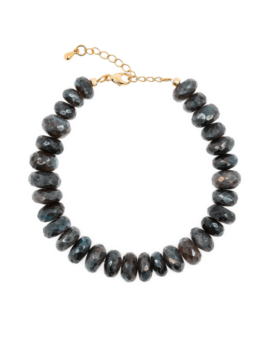 New York Graphite Moonstone Faceted Bracelet with gold clasp, 8mm beads showcasing shimmering light and shadow.