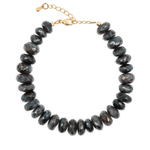 New York Graphite Moonstone Faceted Bracelet with gold clasp, 8mm beads showcasing shimmering light and shadow.